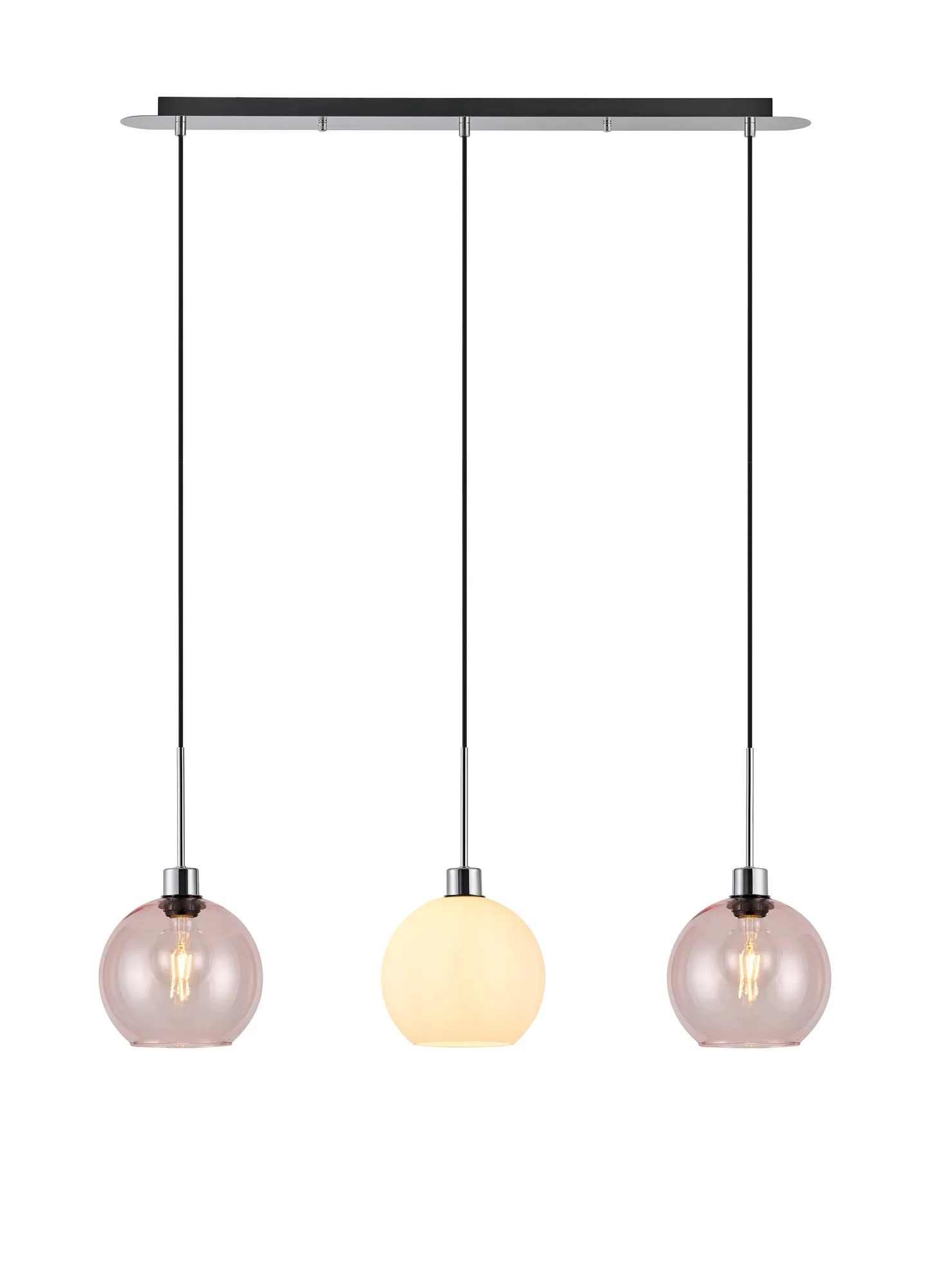 DK1307  Lori Linear Pendant, 3 Light Adjustable E27, Polished Chrome/Opal/Pink Open Mouth Round Globe Shades